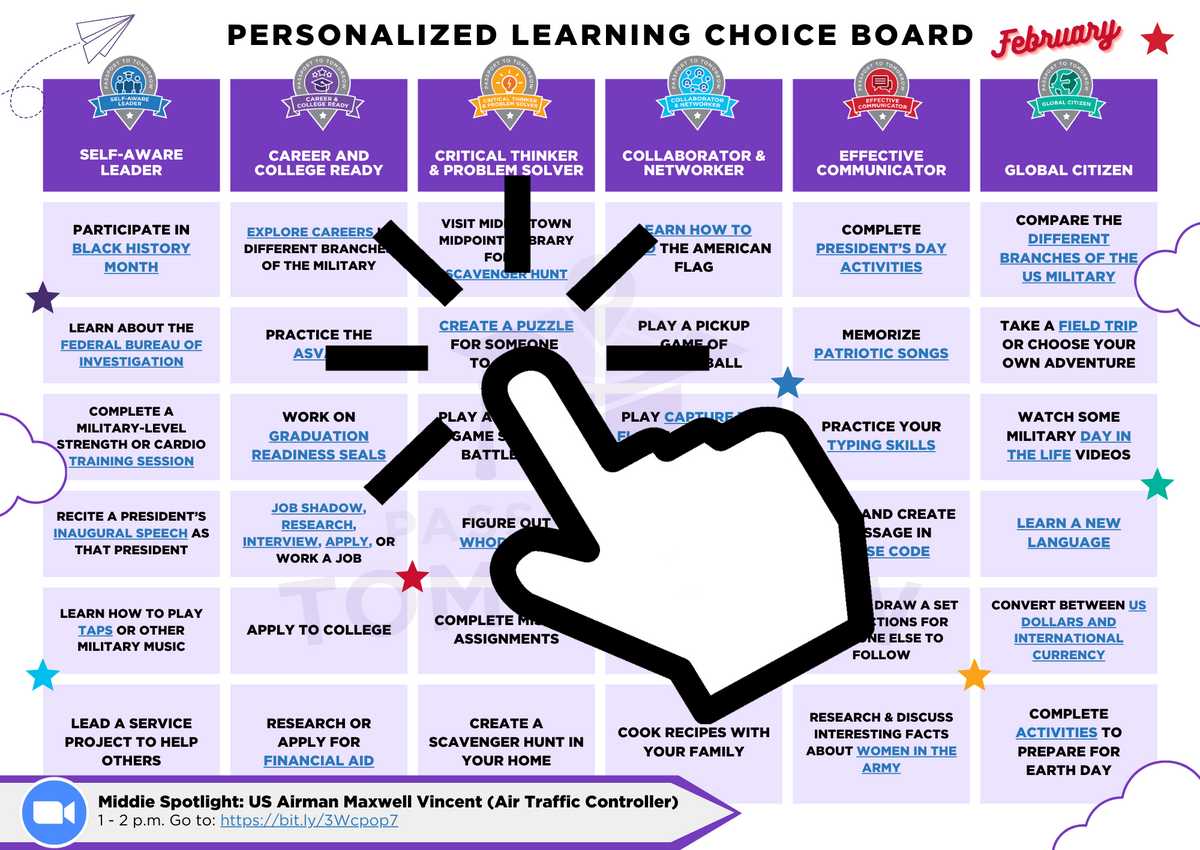 graphic of the personalized learning choice board with different tiles of options for students to pick from, and a big image of a computer mouse clicking one of the options